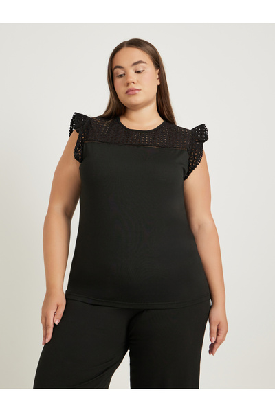 Styli Plus Size Schiffli Yoke Flat Pompom Detail Top and Pyjama Set