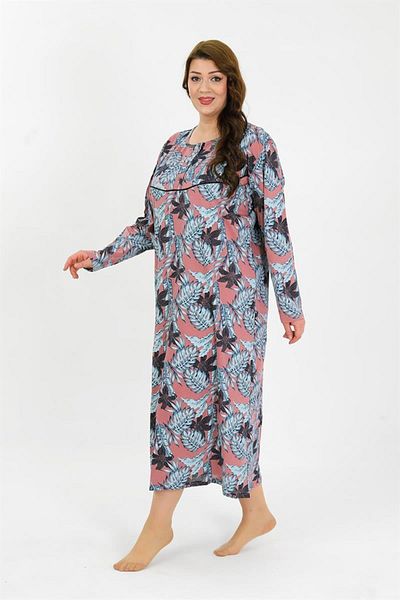 Celira Women's Large Size Long Sleeve Salmon Mother Nightgown 1378