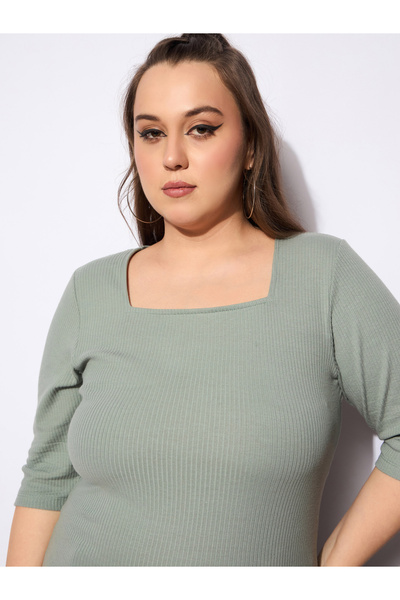 Sassafras By Styli Plus Size Ribbed Square Neck Top