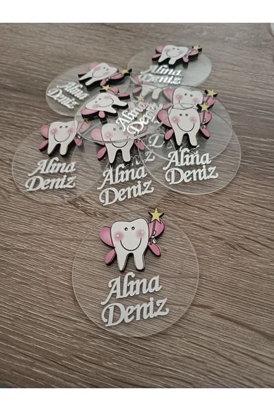 Doğrukan Hediyelik Transparent Plexiglass Tooth Wheat with Wings Pink Tooth Figure Newborn Birthday Magnet Gift (10 Pieces)