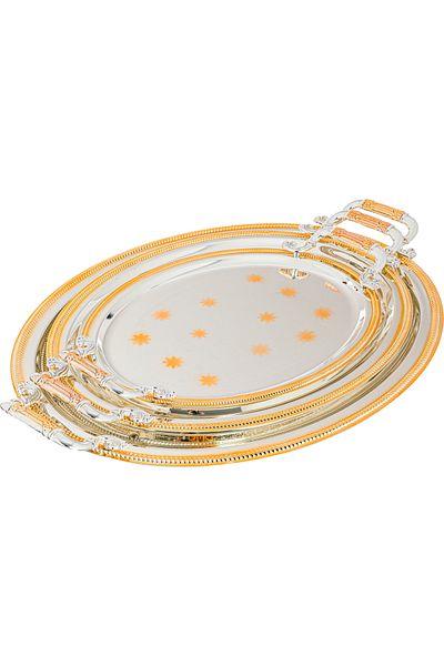 Alsaif Gallery Steel Serving Trays Set with Golden Edges, Al Saif Gallery, 3 Pieces, Oval Engraved - Silver