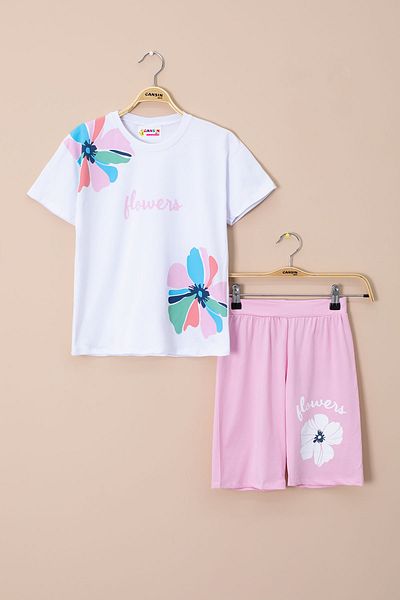 Cansın Mini Pink Shoulder Flower Printed T-Shirt Shorts Girls 2 Piece Set 21066