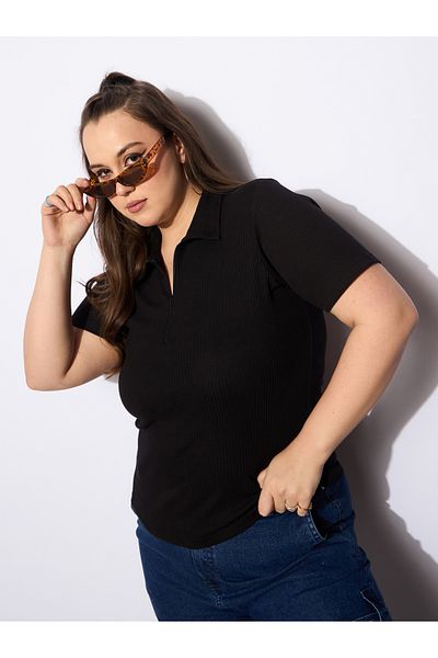 Sassafras By Styli Plus Size Rib Front Zipper Polo Neck Top