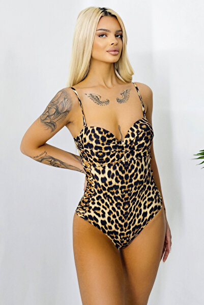 FashionForYou Costum de baie intreg Perlla, detalii cu aspect impletit si cupe buretate, animal print Leopard