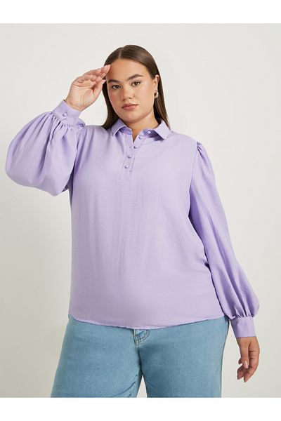 Styli Plus Size Textured Balloon Sleeve Regular Fit Popover Shirt