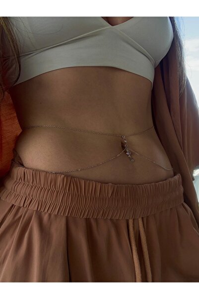 pop up store Zirkon Taşlı Piercing Model Gümüş Renk Çelik Zincir Bel Aksesuarı