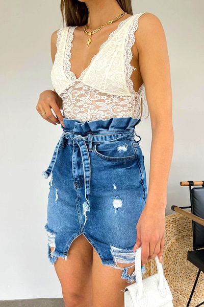 FashionForYou Fustă din denim Cute Touch, cu perforații accentuate și decupaj tip pungă de hârtie, Albastru, XS