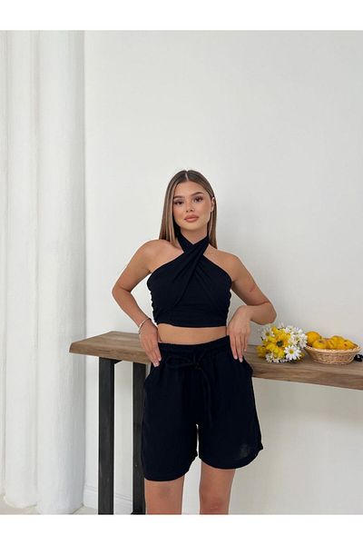 NovaRopa Women's Black Halter Neck Muslin Fabric Shorts Set-Mym2811