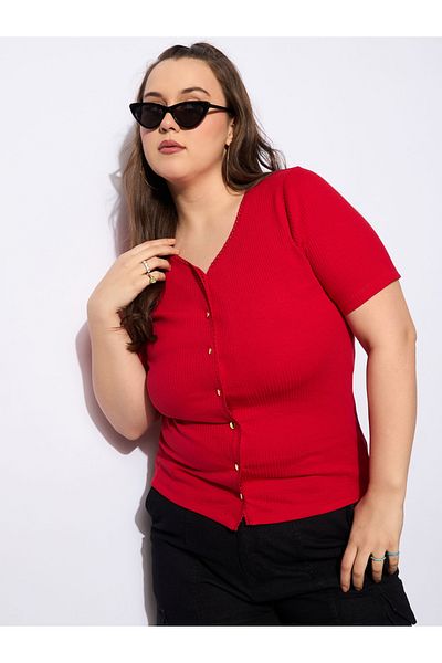 Sassafras By Styli Plus Size V-Neck Buttoned Short Sleeve Top