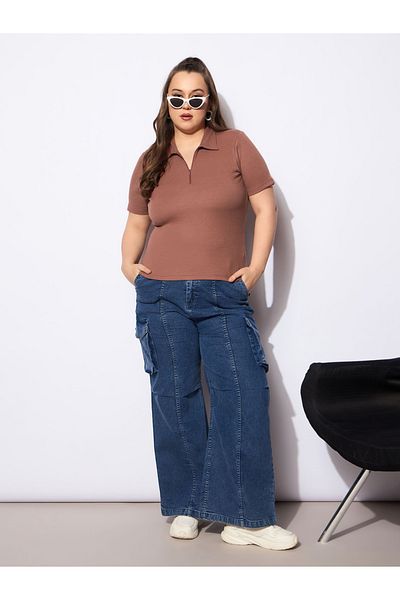 Sassafras By Styli Plus Size Rib Front Zipper Polo Neck Top