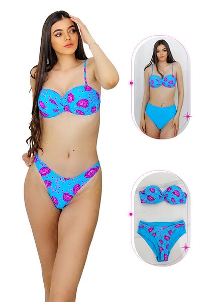 FashionForYou Costum de baie Maggie din trei piese, imprimeu abstract și sutien push-up, albastru, 44