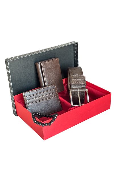 Tisaati Premium Series Special Boxed Luxury Leather Mechanism Wallet Belt Card Holder and Bracelet Men's Set