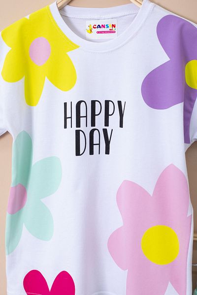Cansın Mini Fuchsia Colored Flower Printed T-Shirt and Shorts Girls 2 Piece Set 21065