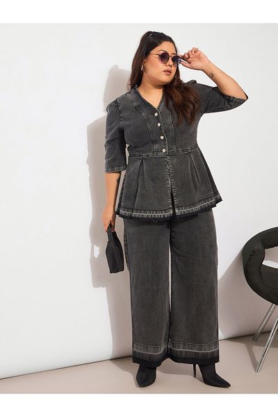 Sassafras By Styli Plus Size Plain Denim Metal Button Peplum Top and Jeans Co-Ords