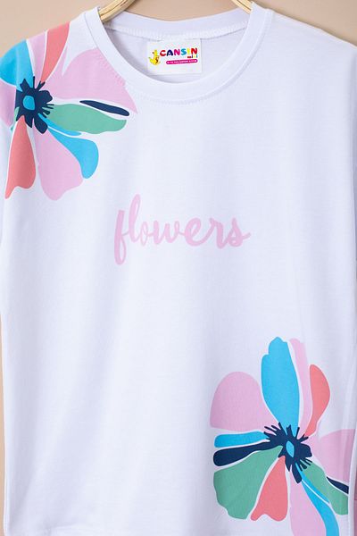 Cansın Mini Pink Shoulder Flower Printed T-Shirt Shorts Girls 2 Piece Set 21066
