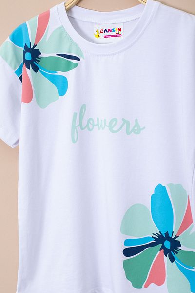 Cansın Mini Green Shoulder Flower Printed T-Shirt Shorts Girls 2 Piece Set 21067