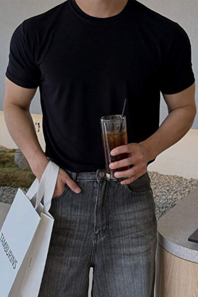 Tarz Cool Men's Slim Fit Slim Fit 100% Cotton Basic Knitted Black T-Shirt