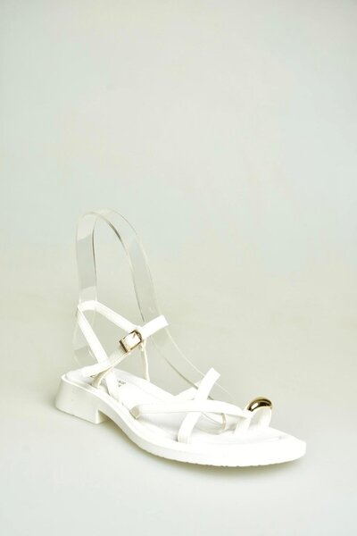 Fox Shoes U267763509 White Low Heeled Women's Sandals with Gold Ring Detail