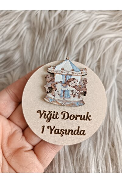 Doğrukan Hediyelik Mavi atlı karınca figürlü ahşap yenidoğan doğum günü magne...