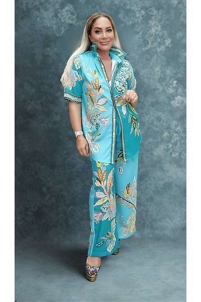 STLB Leaf Patterned Turquoise Shirt – Trousers Set (Imported)