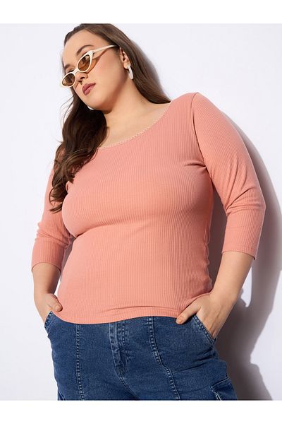 Sassafras By Styli Plus Size Rib Round Neck Lace Detail Top