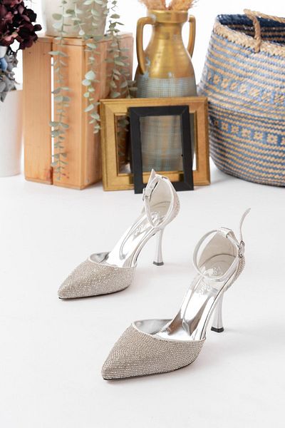 Egepass Stella Stone Detailed Silver Color Thin Heeled Shoes”