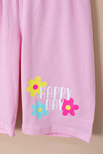 Cansın Mini Pink Color Flower Printed T-Shirt and Shorts Girls 2 Piece Set 21064