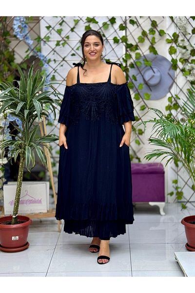 Punta Otantik Vl1900 Lace Voile Dress with Drawstring Strap Front Back Black