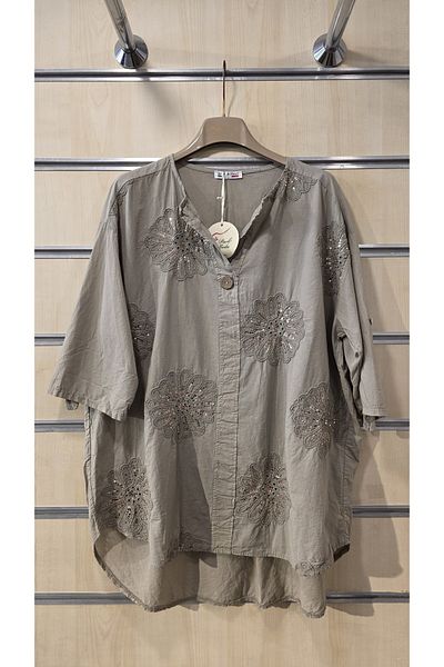 Park Moda Италианска памучна риза с флорални мотиви и пайети