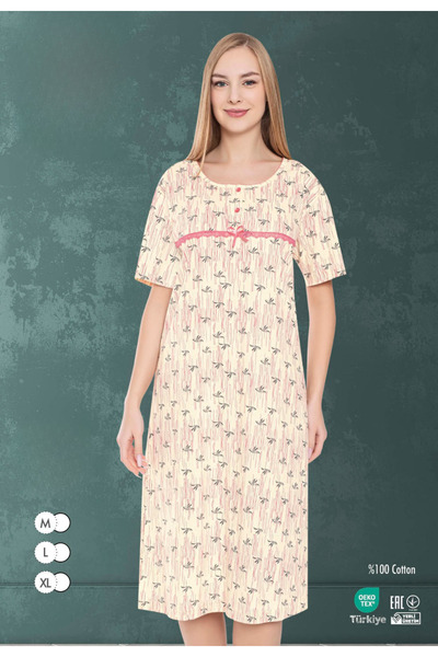 MİSS LOLİTA Kadın Çiçek Desenli Düğmeli V Yaka %100 Pamuklu Kısa Kollu Gecelik / Krem-Pembe - 532