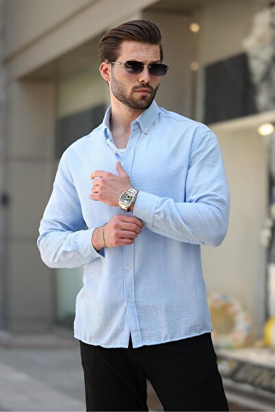 Madmext Bebe Mavisi Uzun Kollu Oversize Erkek Gömlek 6735