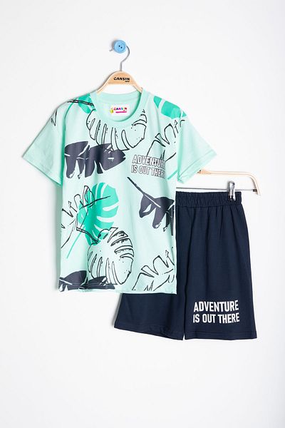 Cansın Mini Mint Leaf Printed Crew Neck Boys 2-Piece Shorts Set 21059