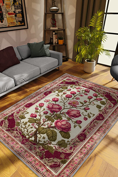 Homshtag Art Deco Erguvan Çiçeği Vintage Halı Görünümlü Dijital Baskı Pembe H...