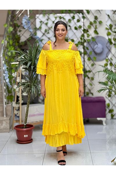 Punta Vl1900 Lace Voile Dress with Rope Strap Front Back Yellow