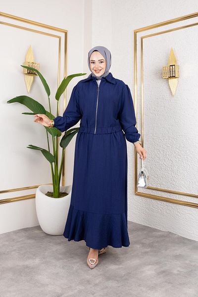 HARMAN BUTİK Women's Strawberry Fabric Zippered Navy Blue Double Suit