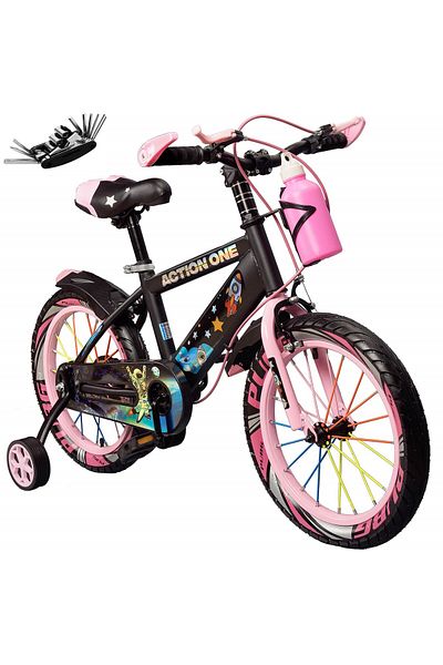 ACTION ONE Bicicleta copii 4-6 ani cu kit de chei inclus, roti ajutatoare si bidon Cameleon II, 14 inch, roz