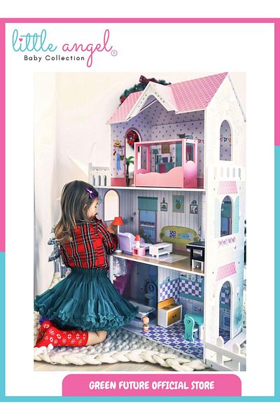 LITTLE ANGEL Luxury Wooden Dollhouse – 3-Story Pink Playhouse with Furniture & Garden for Kids