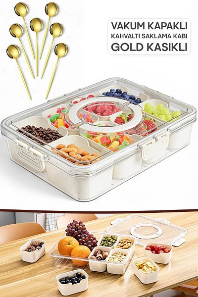 Tilbe Home Gold Spoon Breakfast Storage Container Organizer Lock Lid 8 Compartment Portable Picnic Set