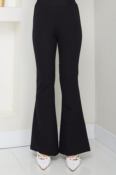 hafsamina Elastic Waist Spanish Leg Fabric Trousers Black Hm2781