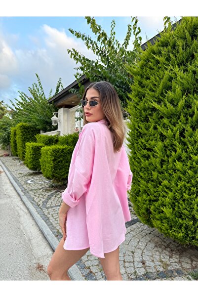 HW Hills Woman Kadın Pembe Renk tek cepli %100 keten oversize gömlek