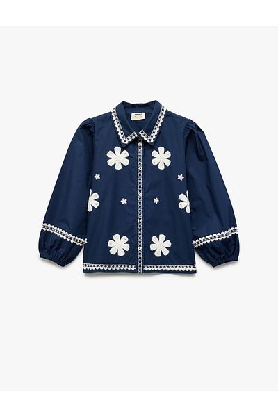 Koton Long Balloon Sleeve Embroidered Rubber Sleeve Cotton Shirt