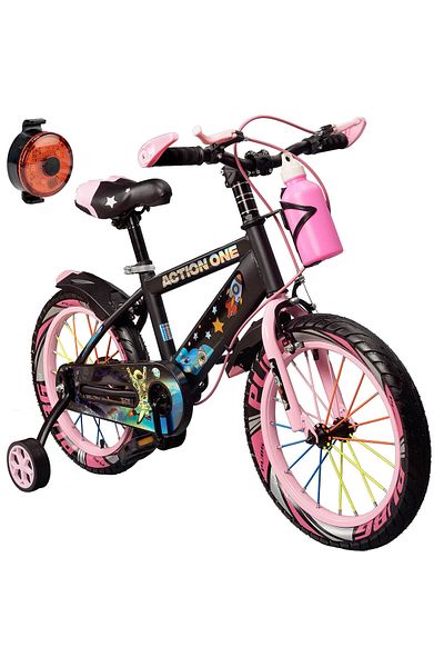 ACTION ONE Bicicleta copii 5-7 ani cu far spate inclus, roti ajutatoare si bidon Genesis II, 16 inch, roz