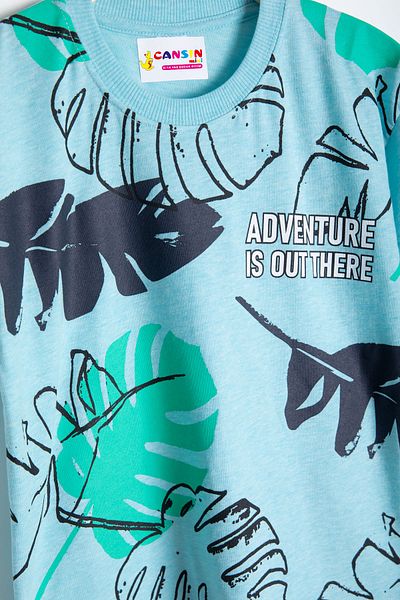 Cansın Mini Light Blue Leaf Printed Crew Neck Boys 2-Piece Shorts Set 21061