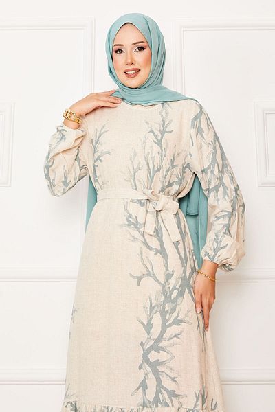 EBRUTESETTÜR Linen Patterned Dress with Belted Waist