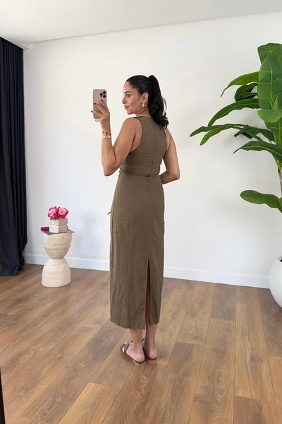 BİRCANÇİL Broen Khaki Back Slit Shoulder Detailed Dress