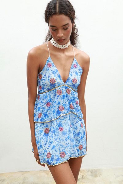 MoyStore Blue Floral Sequin Embroidered Stylish Mini Dress