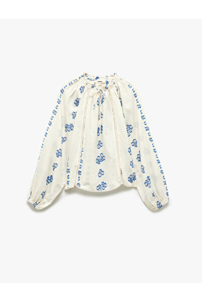 Koton Cotton Tie-Up Neckline Long Balloon Sleeve Scalloped Floral Blouse