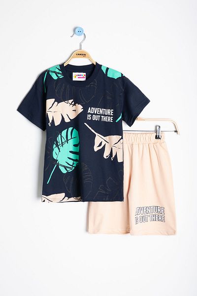 Cansın Mini Navy Blue Leaf Printed Crew Neck Boy's 2-Piece Shorts Suit 21057