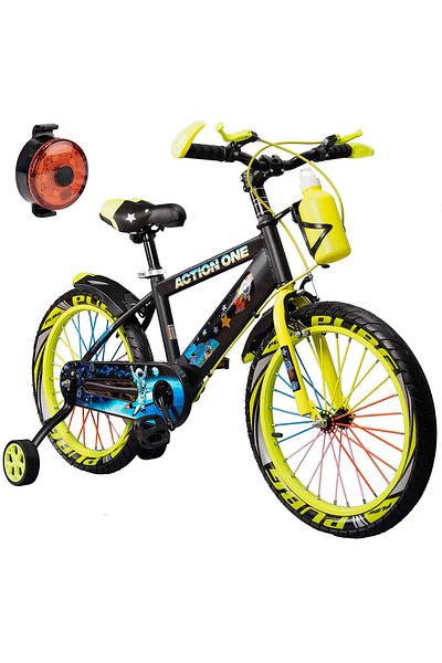 ACTION ONE Bicicleta copii 5-7 ani cu far spate inclus, roti ajutatoare si bidon Genesis II, 16 inch,verde neon