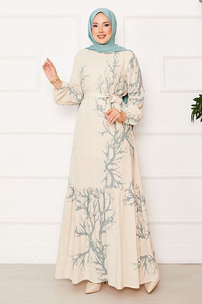 EBRUTESETTÜR Linen Patterned Dress with Belted Waist